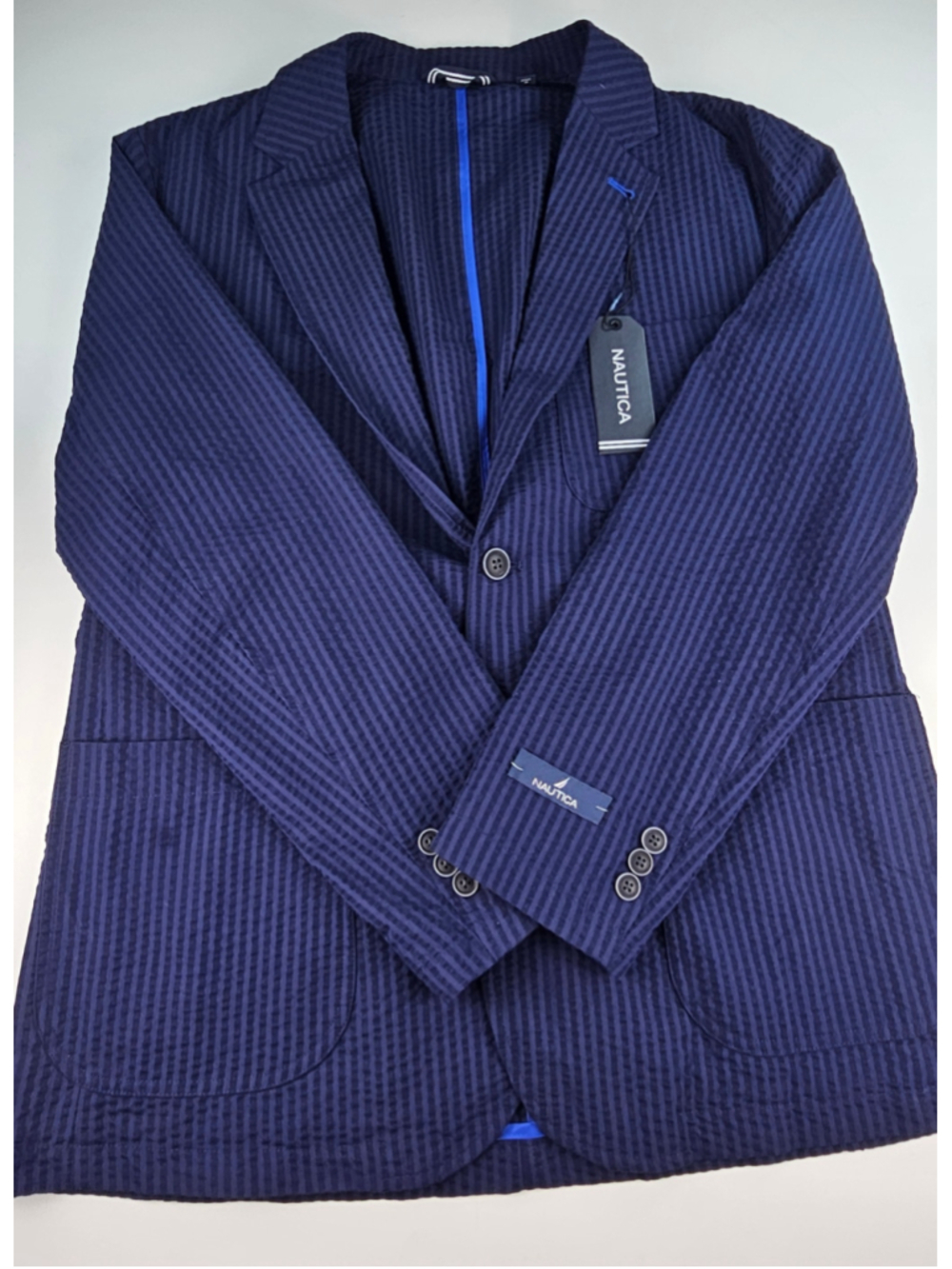 Nautica Men’s Large Navy Blue Seersucker Blazer Sport Coat NWT Lightweight